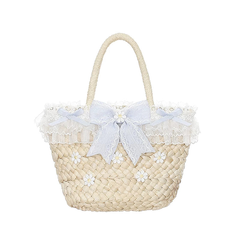 Daisy Cake - Blue Plaid Sweet Lolita JSK Dress, Daisy-trimmed Bows Straw Bag Only S