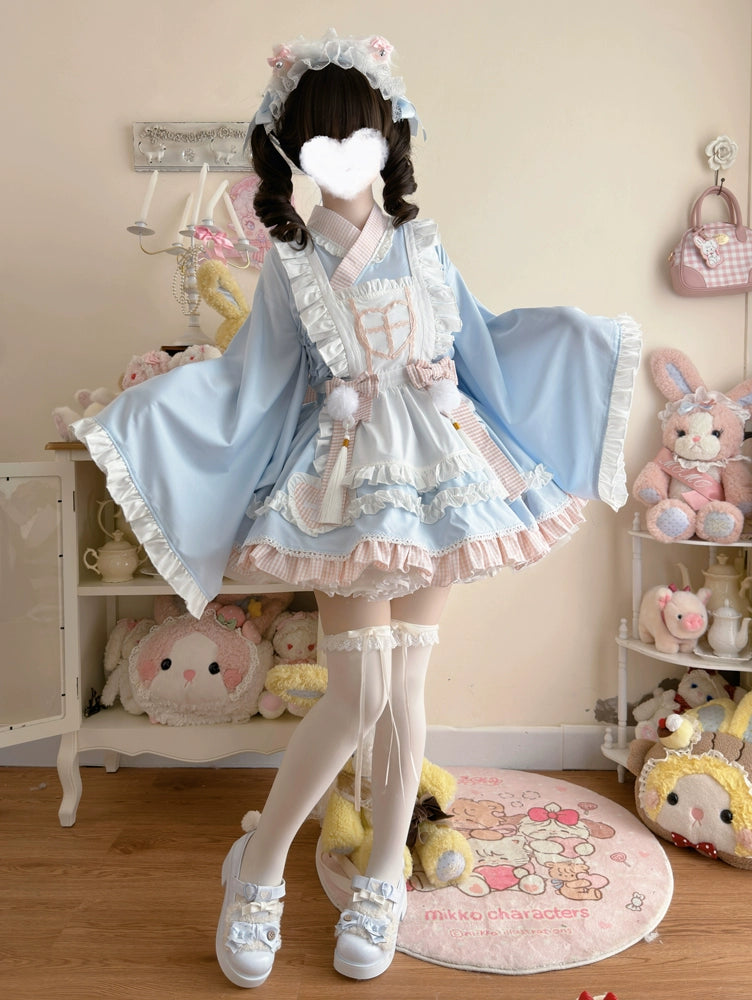 Hanguliang~Sweet Meow Nurse~Maid Lolita Skirt Set Kawaii Lolita Dress S Blue (four-piece set + brand packaging box) 