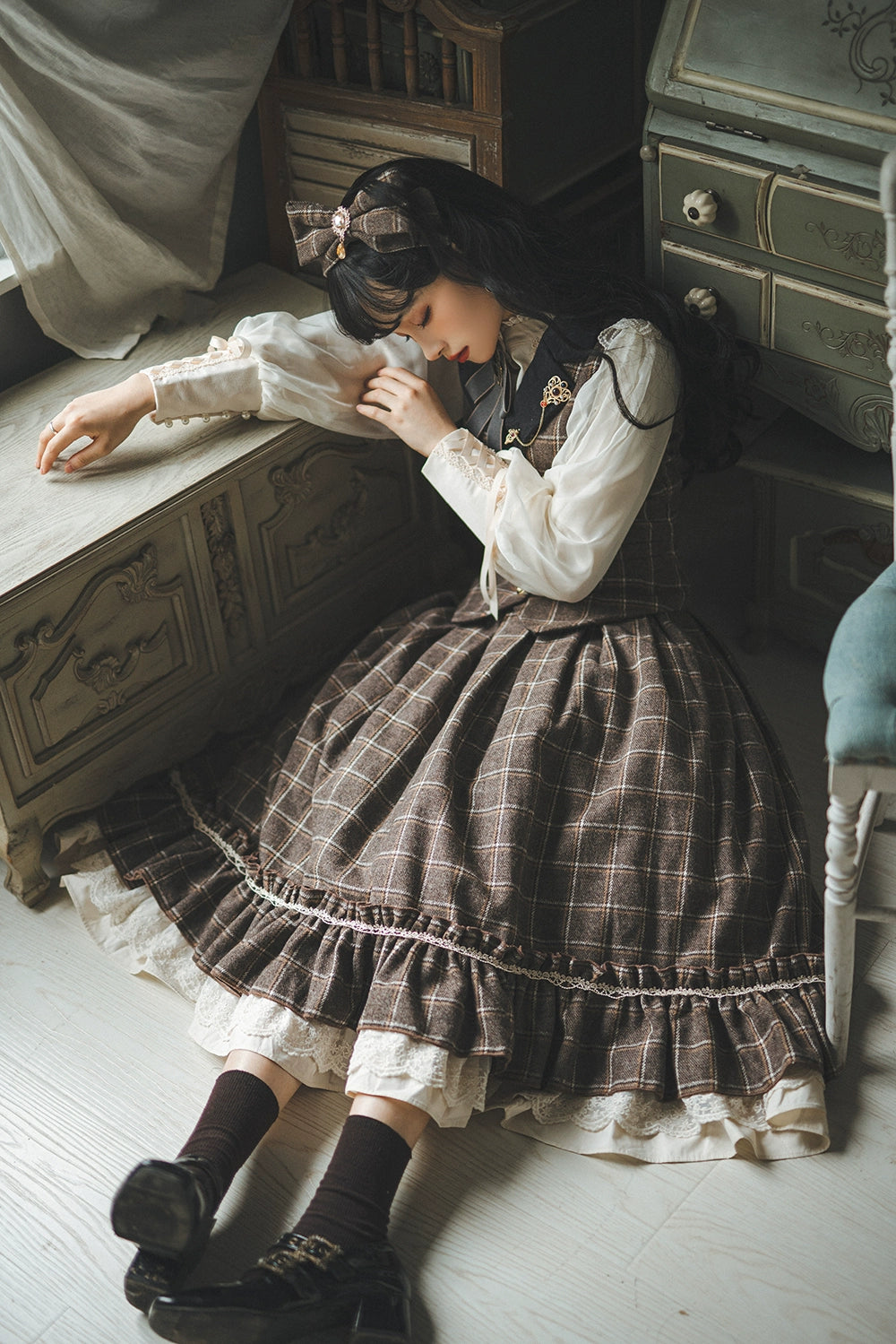 (BFM)Miss Point~Rose~Elegant Lolita Fishbone Grid Skirt Customized 32512:385098
