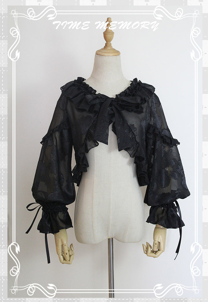 Time Memory~Xianbei~Sweet Lolita Chiffon Lantern Sleeve Cardigan with Bow S black 