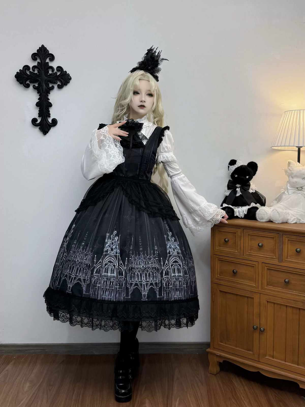 Silent Spire - Gothic Lolita Cathedral Print JSK & OP Dress Set, Side Pockets 45921:868086