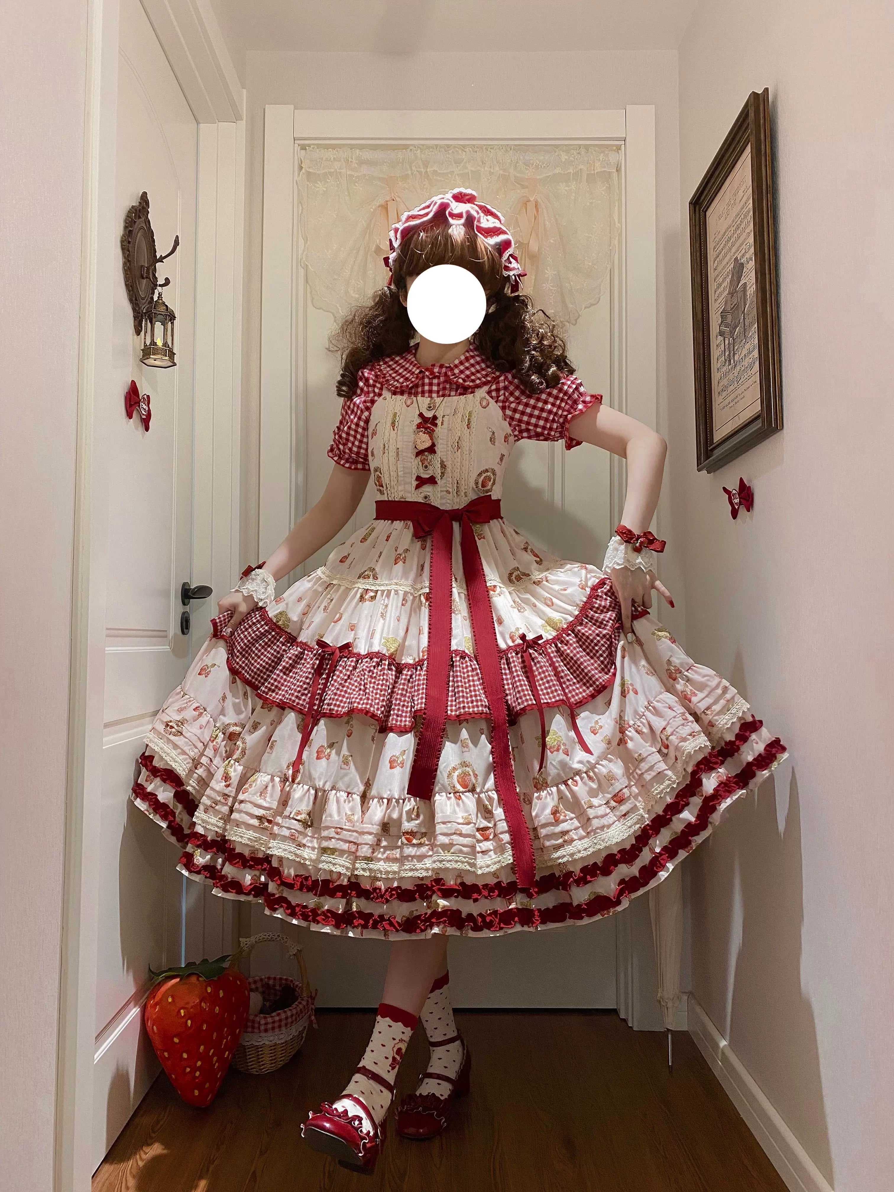 Skyfaring Strawberry - Printed Classic Lolita JSK Dress, Tired Hem
