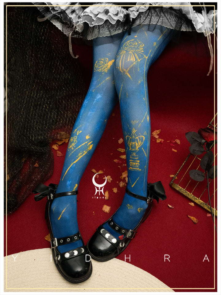 Yidhra - Rose Printed Gothic Lolita Pantyhose Blue