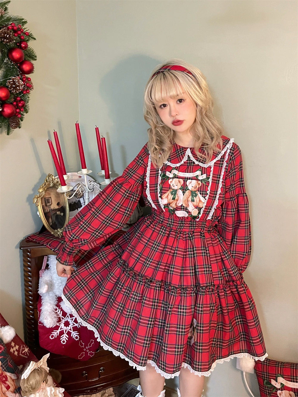 (BFM)Labeau~Christmas Vintage Lolita Skirts Doll Collar Blouse Plaid Skirt Set Red grid Blouse 