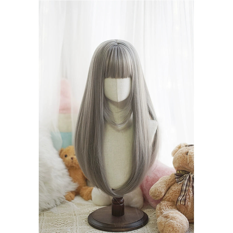Imperial Tea~Daily Lolita Wig Long Straight Wigs Green wood flaxen gray  
