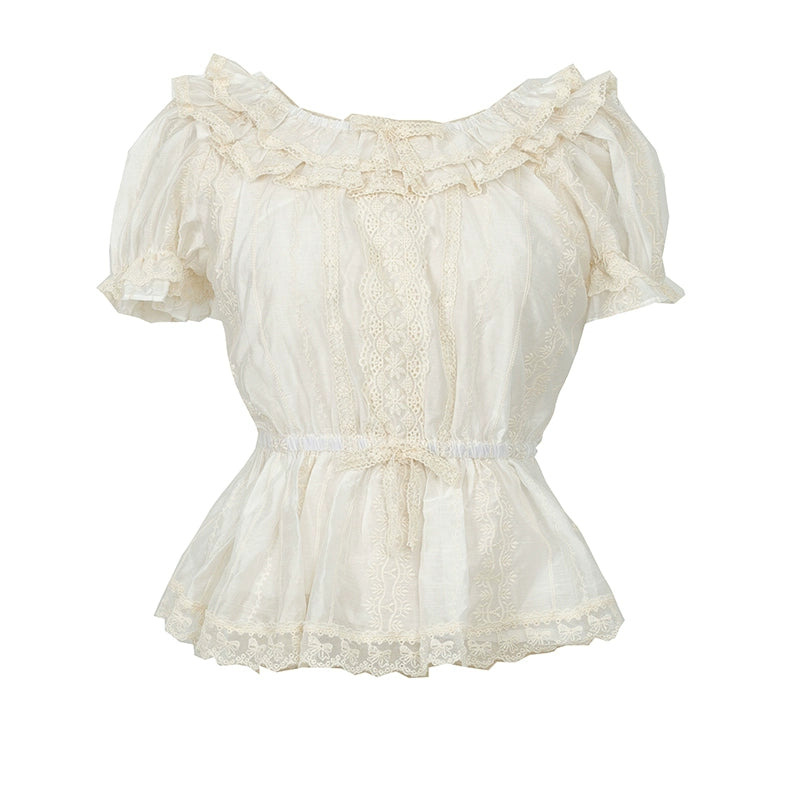 Balladeer~Chiffon Lolita Shirt Detachable Lotus Sleeve Blouse S White Embroidered Version - Short Sleeve 