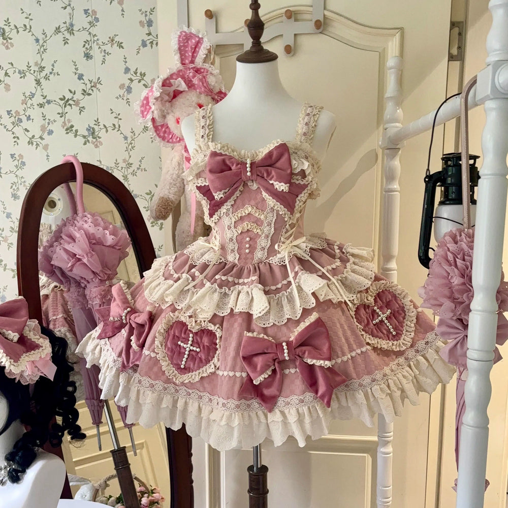 Sakurahime~Cross Sweetheart~Pink Sweet Lolita JSK Dress Doll Lolita Short Dress JSK Only S