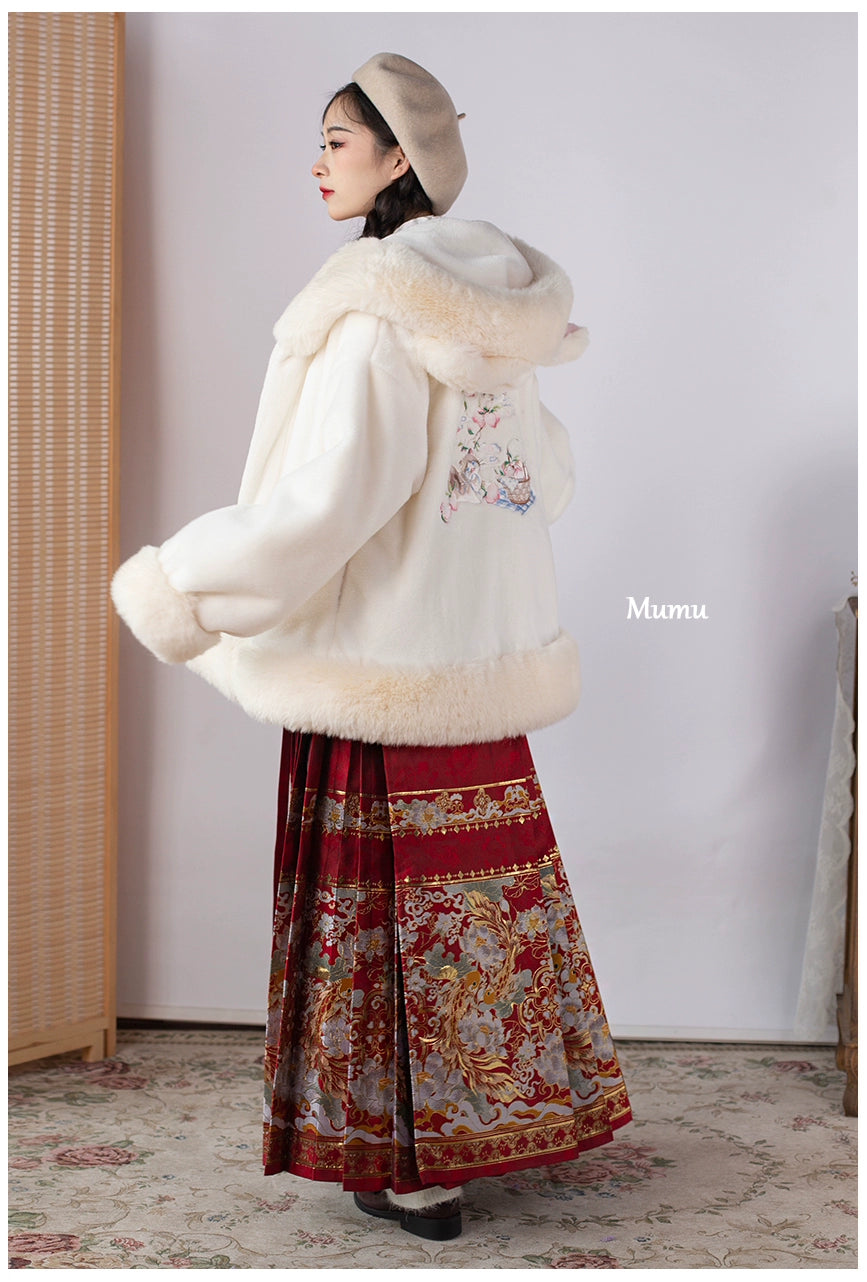 Mumu~Fluffy Winter Lolita Coat Cat Embroidery Hooded Coat   