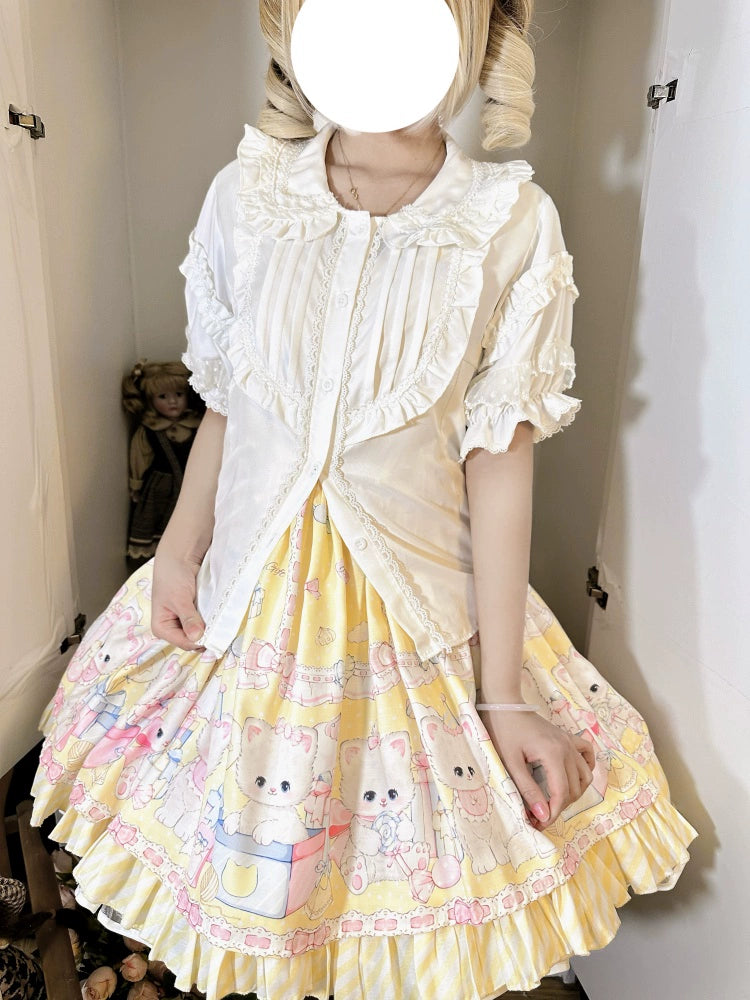 Suiyi - Meow Pompom - Sweet Lolita Salopette Dress Suit, Cat Print White Blouse S