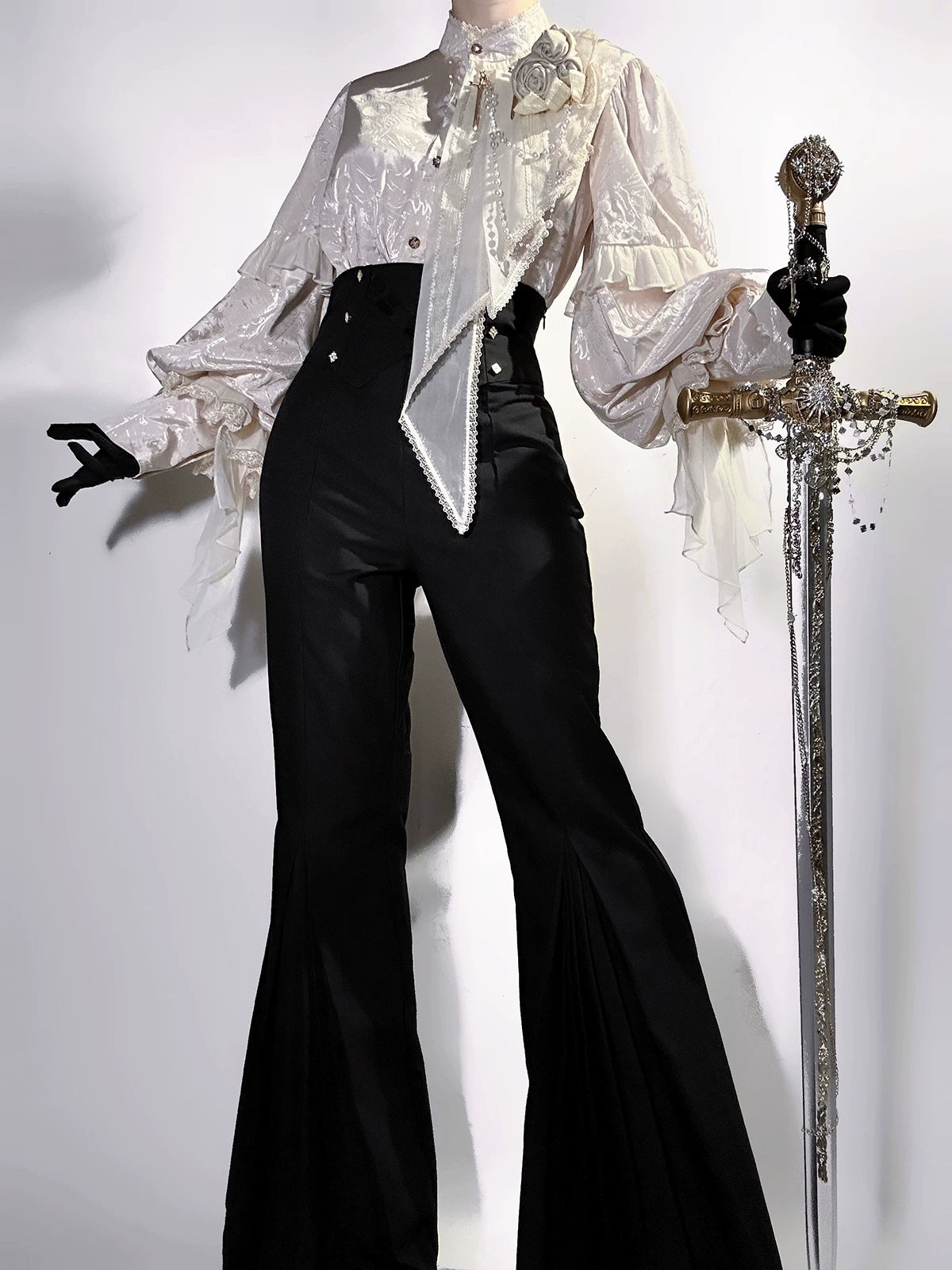 Rose and Sword - Ouji Lolita Jacquard Blouse & High Waist Pants Suit 45502:851301