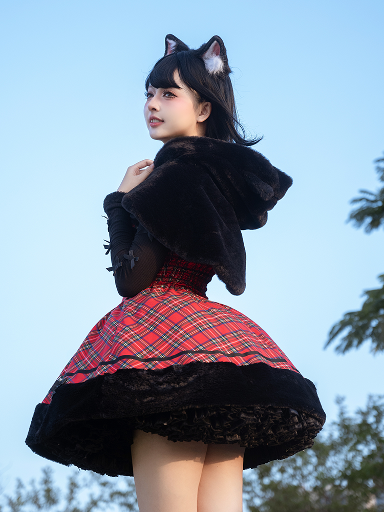 To Alice~Black Cat and Miss~Christmas Sweet Lolita Plaid Dress with Hooded Cape