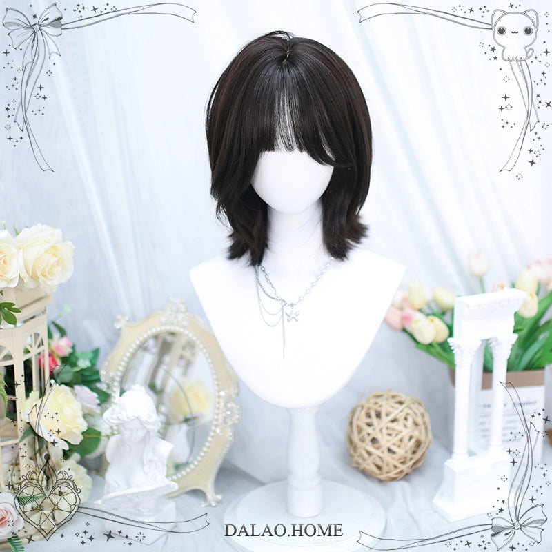 Dalao Home~Daily Short Lolita Wig With French-Style Shoulder-Length Wavy Black Tea (with hairnet)