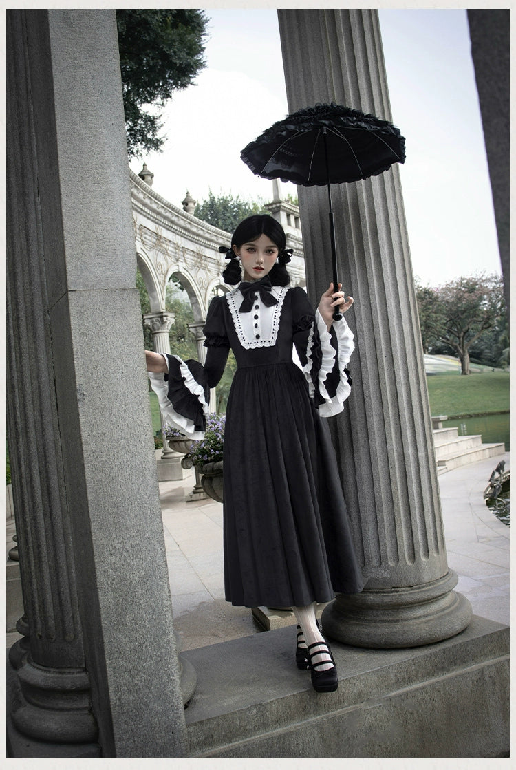 With PUJI~Sleepless Night~Classic Lolita Black OP Dress White Princess Sleeves   