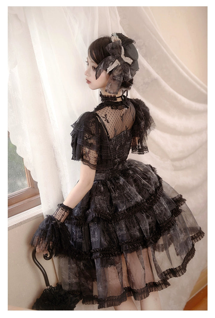 With PUJI~Butterfly Dream SP~Classic Lolita JSK Dress Fishbone Black Dress   