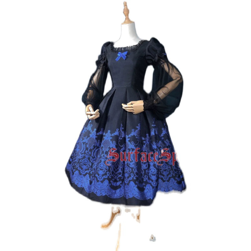Surface Spell - Nocturne - Custom Gothic Lolita Dress Brocade Puff Sleeve Dress S black (short sleeve without innerwear and collar ruffle)
