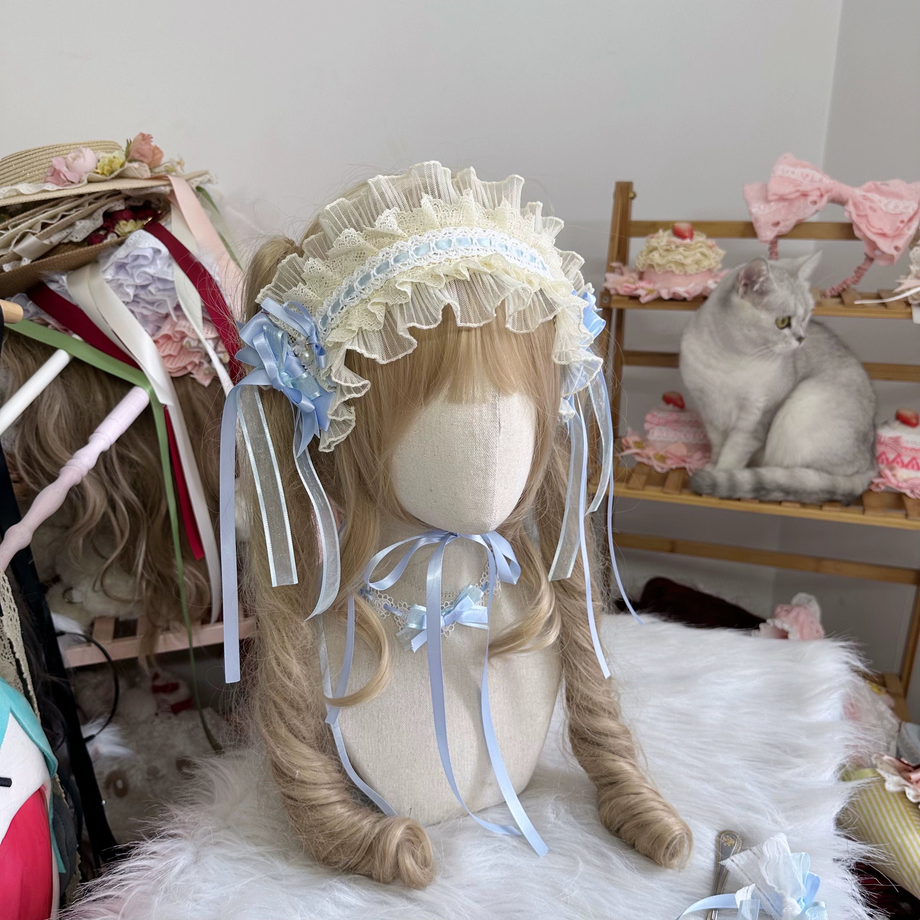Chestnut Lolita - Sweet Lolita Headdress, Bow and Lace Decoration Blue Hairband Only