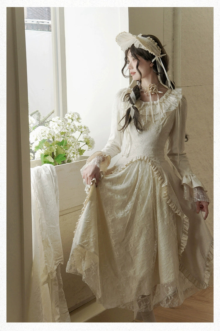 With PUJI~White Tea~Classic Lolita OP Dress with Irregular Design and Fishbone Waistband