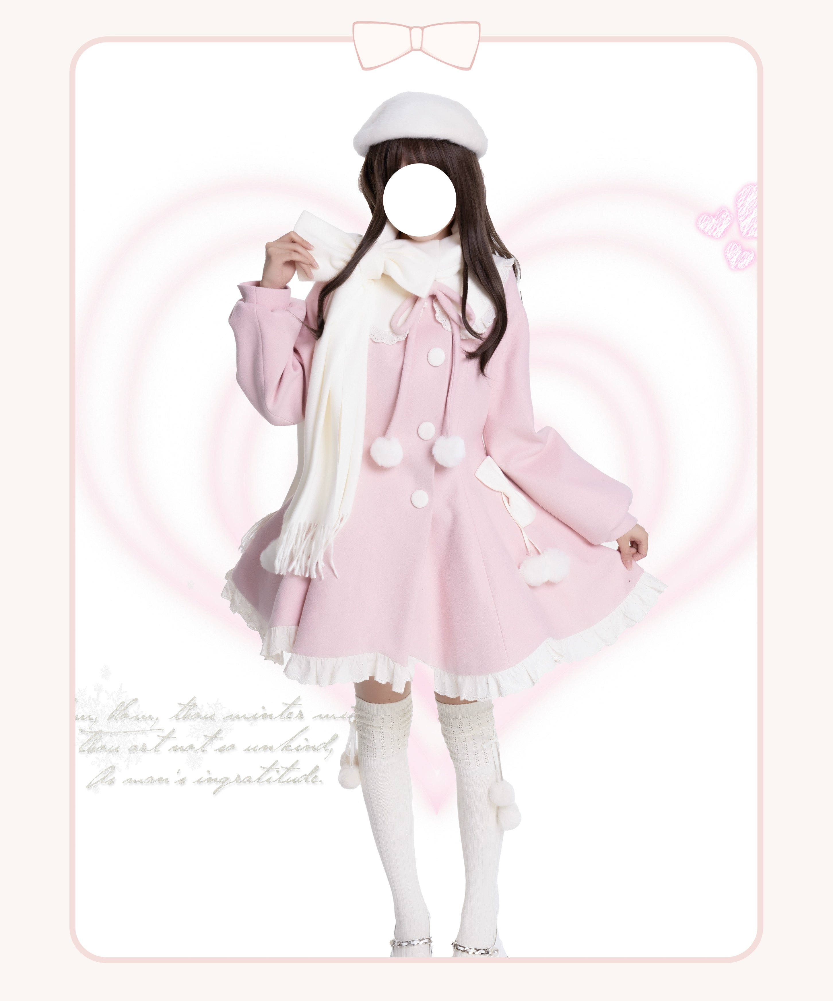 Platycodon House - Winter Love Song - Winter Sweet Lolita Coat Korean Style Overcoat Bow Scarf Single Pink Coat Only (without scarf) S