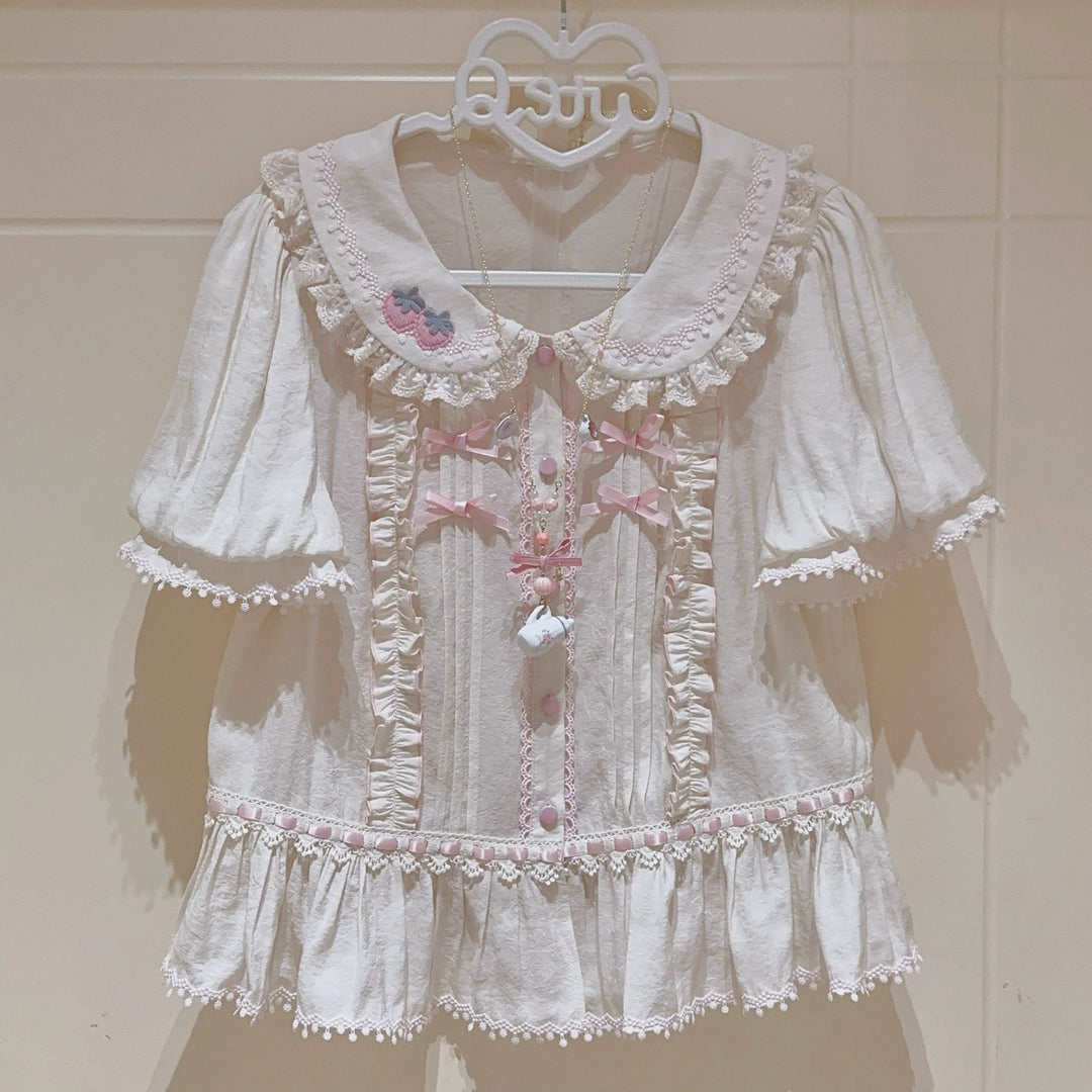 Strawberry Fantasia~Sweet Lolita OP Dress Set Puffy Skirt Long JSK and Shirt Shirt Only S