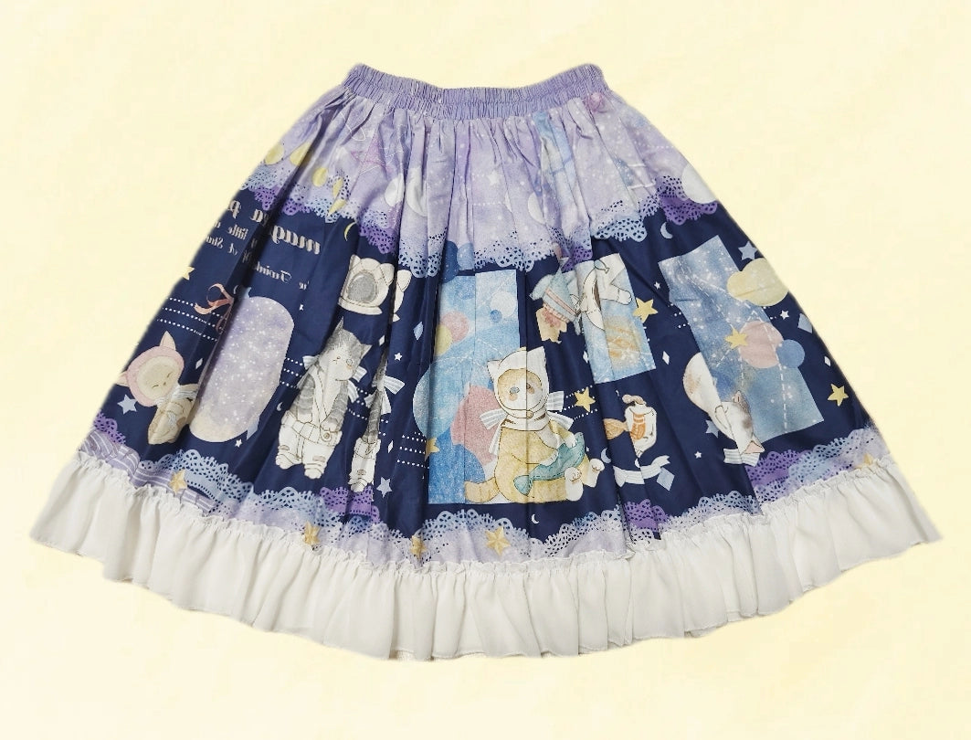 Magic Tea Party~Kawaii Cotton Lolita SK With Bunny & Cosmic Cat Prints Cosmic cat print / short version Free size