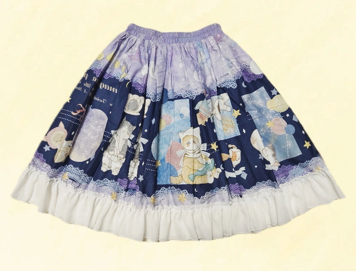 Magic Tea Party~Kawaii Cotton Lolita SK With Bunny & Cosmic Cat Prints Cosmic cat print / short version Free size