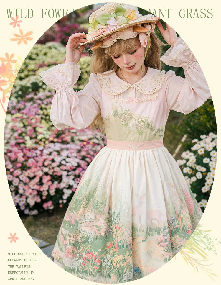 Flower and Pearl Box~Wild Flowers and Fragrant Grass~Country Lolita Dress Floral Print JSK and OP Dress Set