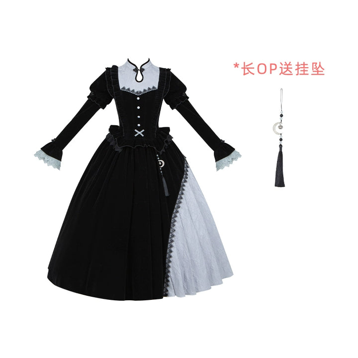 With Puji~Innocent Talk~Halloween Chinese Style Lolita OP Black-silver Gray Dress S long OP with a pendant 