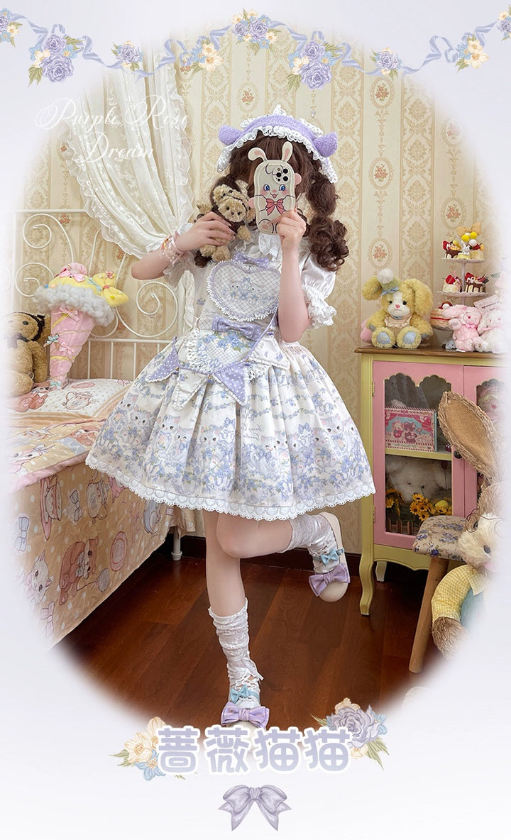 Akiyama Future Studio~Rose Cat~Sweet Lolita Salopette Floral Print Dress   