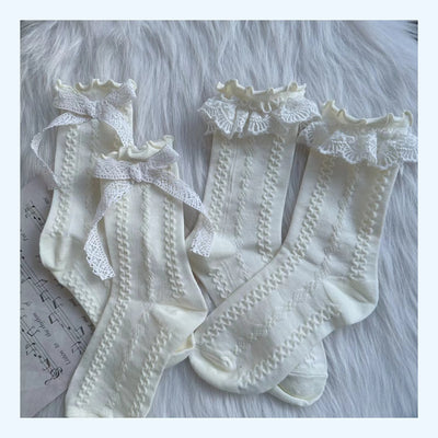 Chestnut Lolita~Vintage Lolita Handmade Socks stringy selvedge (bow) + stringy selvedge(lace)  