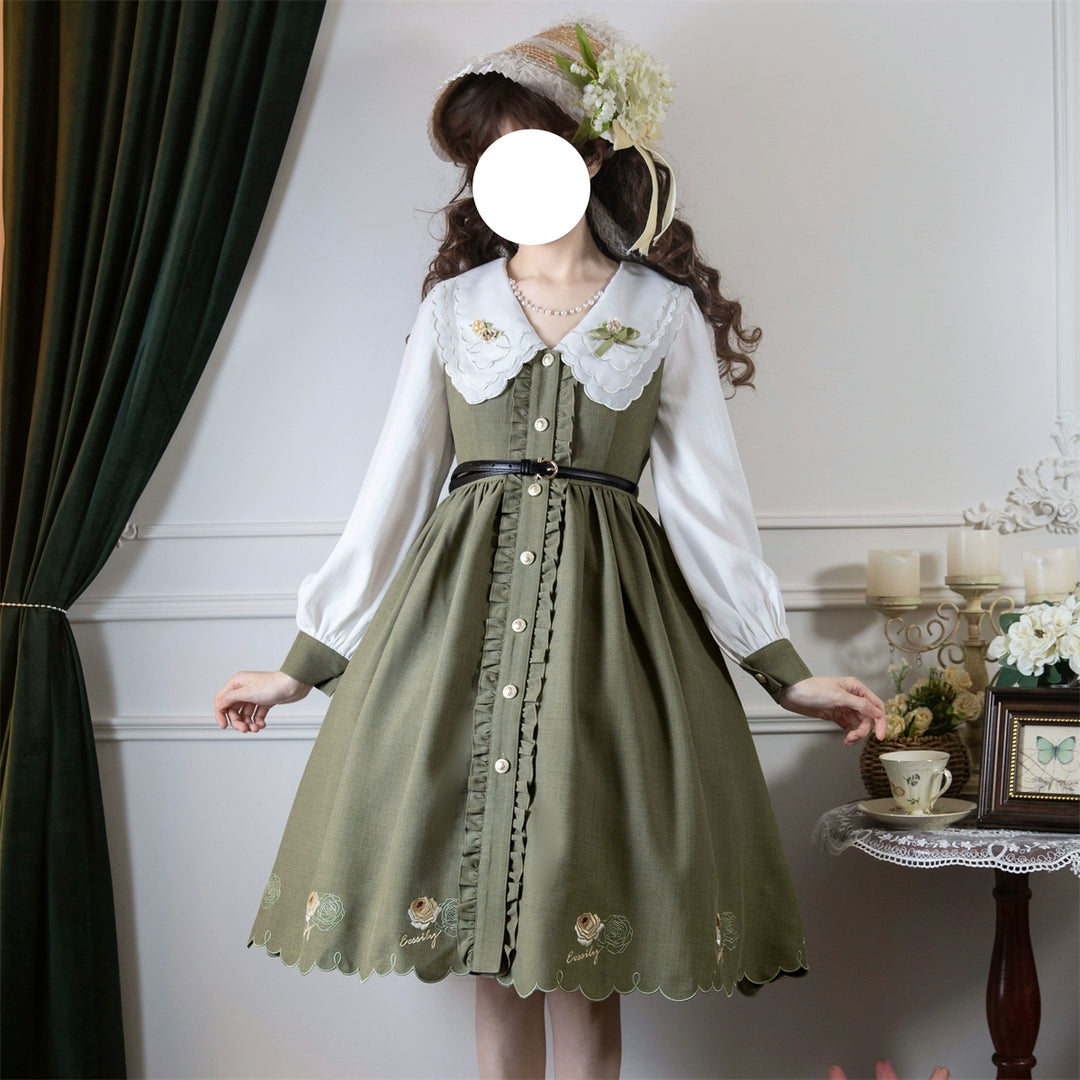 EESSILY~Window Rose~Classic Lolita OP Front Buttoned Embroidery Lolita Dress