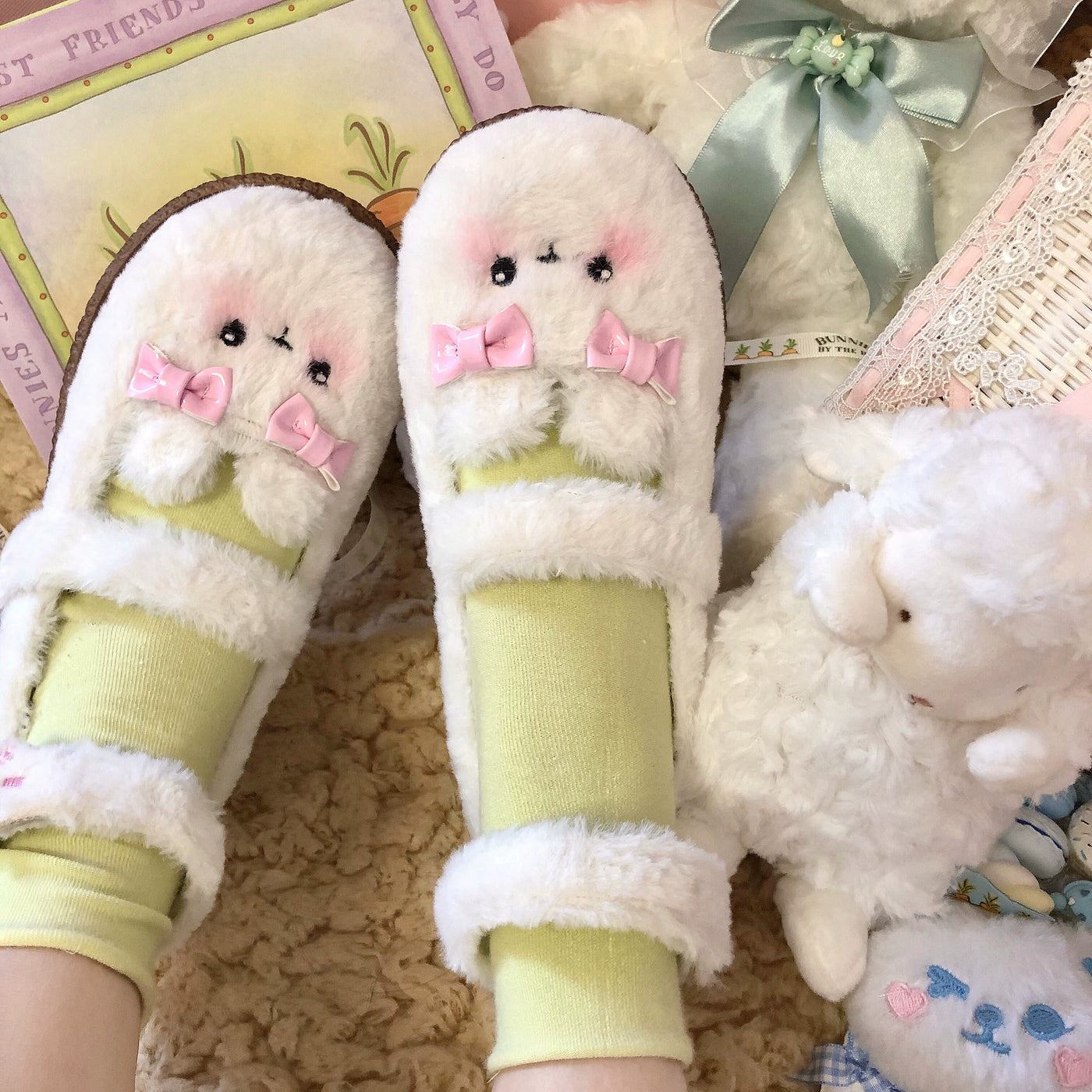 Fairy Godmother~Cute Plush Warm Round Toe Lolita Soft Sole Shoes 34 Rabbit fur in white with mesh lining 