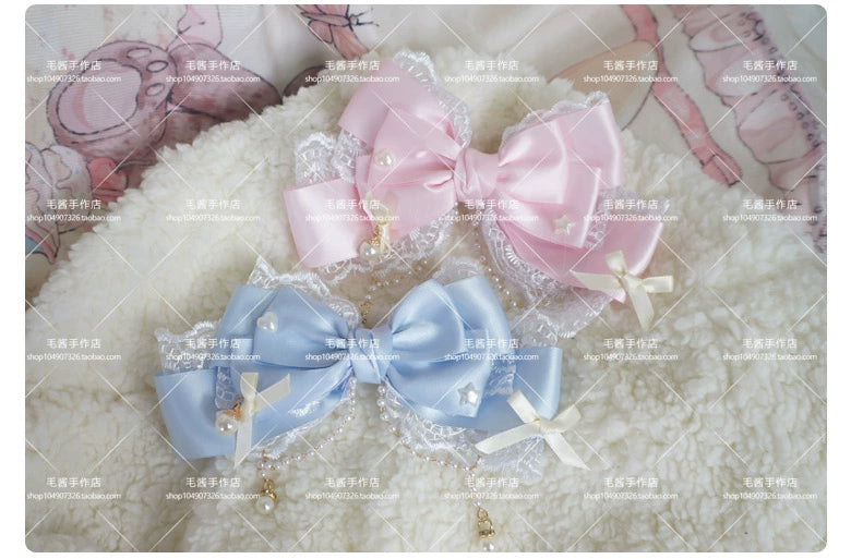 MaoJiang Handmade - Dreamy Sweet Lolita Layerd Bow Hair Clip, Pearl Accents