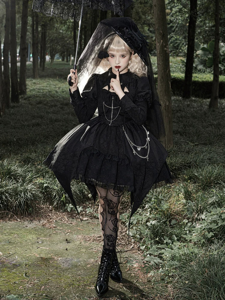 Darknight Creed - Gothic Lolita Jacquard OP, Irregular Hem & Cross Pendants 45847:865304