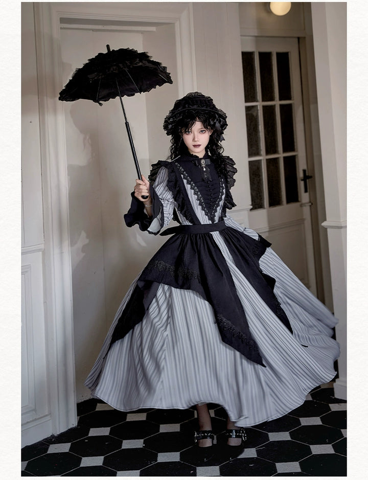 With PUJI~Nocturne SP~Striped Gothic Lolita OP Twin Lolita Dress with Apron