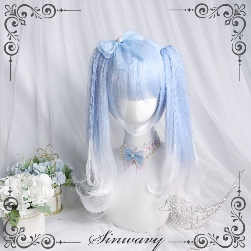 Sinwavy~Pandora's Box~Lolita Short Wig with Cute Double Ponytails blue - long micro curls, only a pair of ponytails  