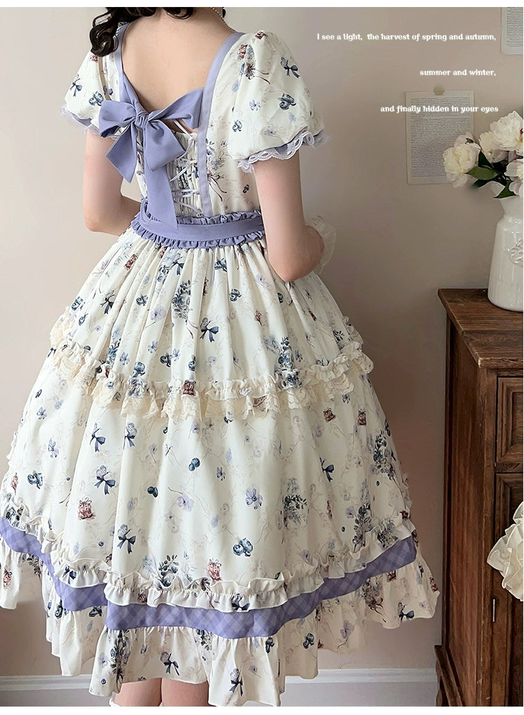 (BFM)Strawberry Fantasia~Blueberry Pie~Country Lolita OP Short Sleeve Floral Printing Dress   