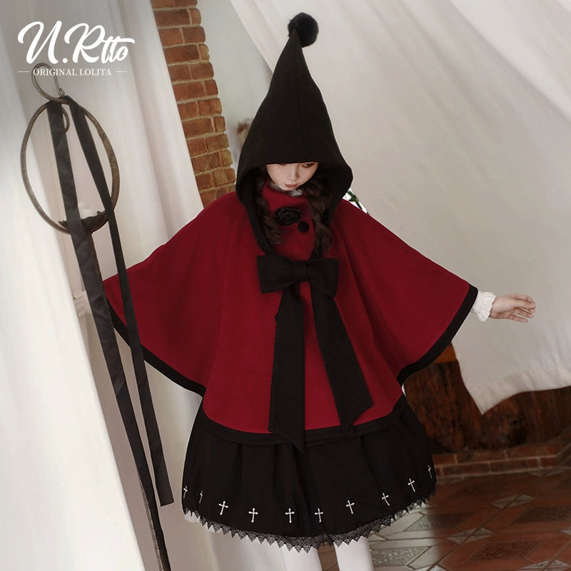 Urtto~Lolita Woolen Coat Autumn Winter Elegant Red and Cream Cloak S pre-order wine red 