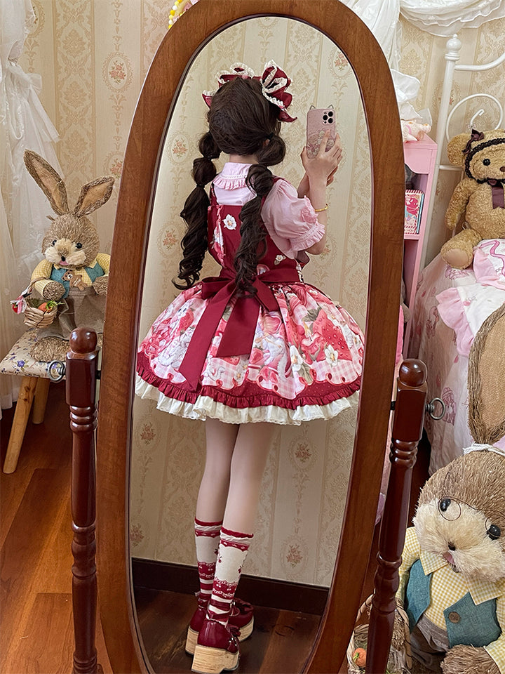 Mewroco~Strawberry Cat~Sweet Lolita Dress Suit JSK and Salopette with Cat Prints