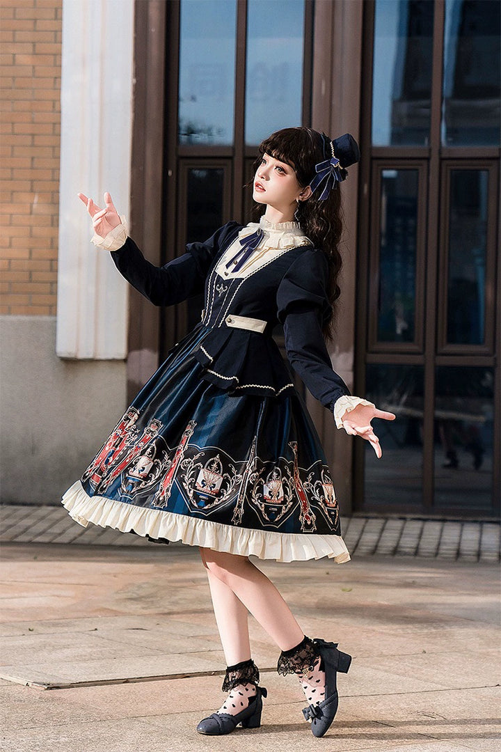 Jinmu~Chocolate Academy~Vintage Lolita OP Long Puff Sleeve Schoolgirl Lolita Dress 40344:657268