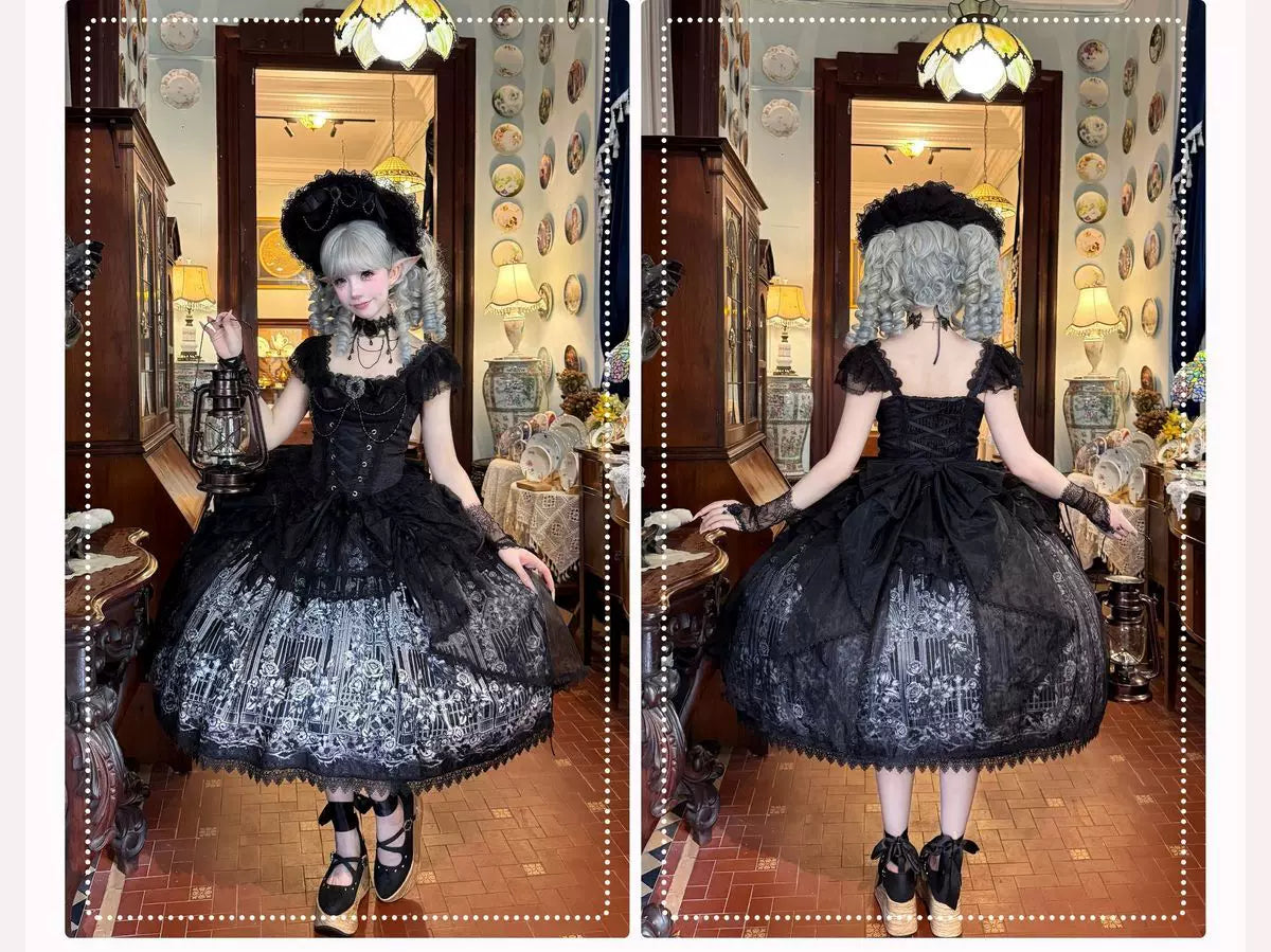 Thorn Feather Relic - Gothic Lolita JSK Dress, Crow and Rose Print 45863:866236