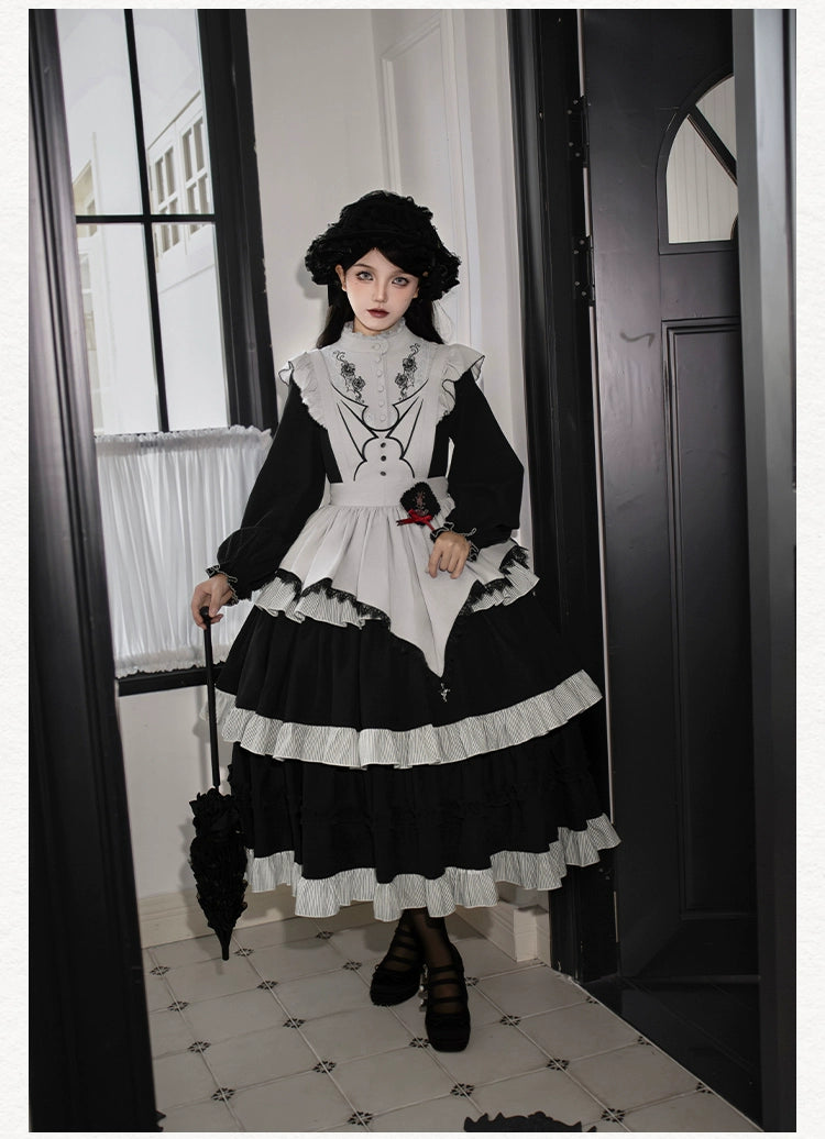 With PUJI~Castle Night~Gothic Twins Lolita OP Three-tiered Embroidery Dress