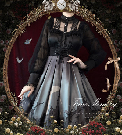 Time Memory~Misty Flower Weave~Elegant Lolita Shirt Stand Collar Mutton Sleeve Blouse black blouse S 