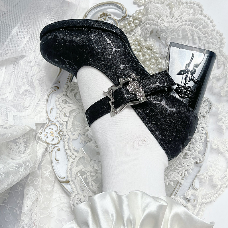Dreamland - Wanxiang Cycle - Elegant Lolita Heel Shoes with Embossed Rose Shimmer Black 34