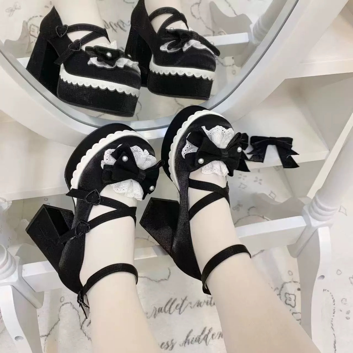 Tea Party Tale - Sweet Lolita Platform Heels, Bow Strap & Fork Embroidery 45905:867638