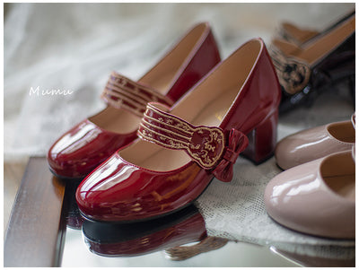 Mumu~Embroidery Rabbit~Kawaii Lolita Mid-Heeled Bows Shoes Multicolors red 34 