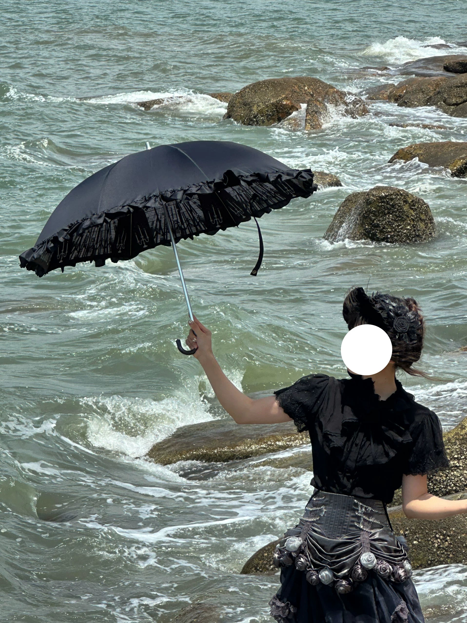 Foldable Lolita Parasol, Layered Ruffle & Window Print Style 45734:860784