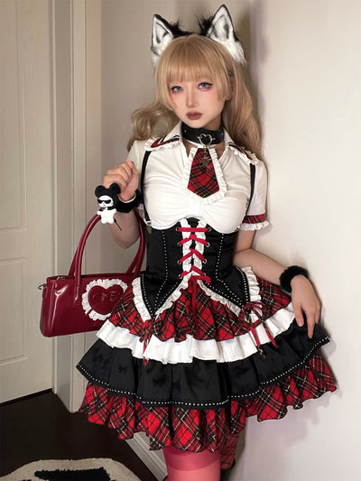 (BFM)Xiaoxin~Punk Lolita JSK Dress Red and Black Skirt Shirt Set Rose red plaid short-sleeved shirt XS 
