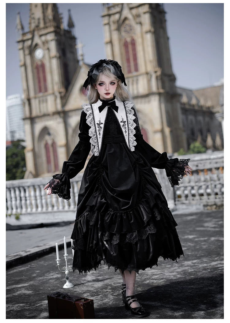 Dawn Bell & Dusk Song - Gothic Lolita Velvet OP Dress, Back Zipper