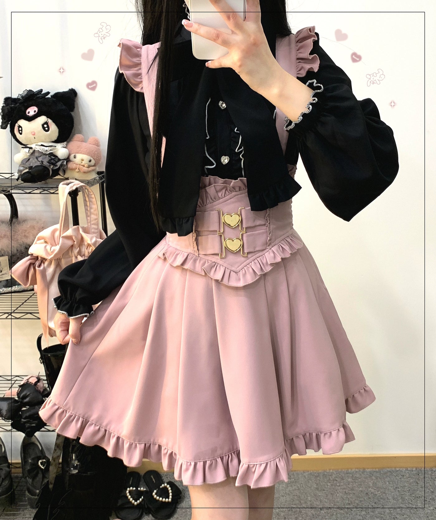 (BFM)KittyBxllet~Cream Ribbon~Jirai Kei Bi Color Stand Collar Ribbon Blouse free size black 