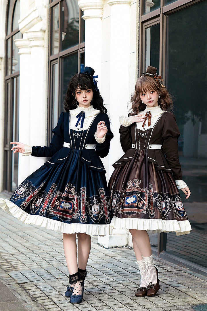 Jinmu~Chocolate Academy~Vintage Lolita OP Long Puff Sleeve Schoolgirl Lolita Dress 40344:657250